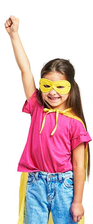 Empowered Learning: Young Girl as Superhero in Cyboard School A young girl dressed in a superhero costume is participating in a Cyboard online school class